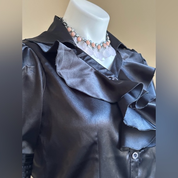 Color Style Black Satin short Striped Sleeves Metal Buttons V Neck Ruffles SZ XL - Picture 7 of 14